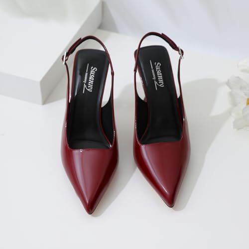 Image of Susanny Slingback Kitten Heels Elegant Dressy Pumps for Women Closed Pointy Toe Sexy Chunky High Heels Wedding Bride Prom Party Dress Shoes