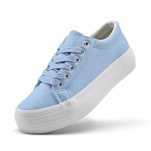 Image of sharllen Women's Platform Trainers Ladies Chunky Fashion Sneakers PU Leather Low Top Lace Up Casual Shoes Tennis Shoes(Blue with Holes 250)