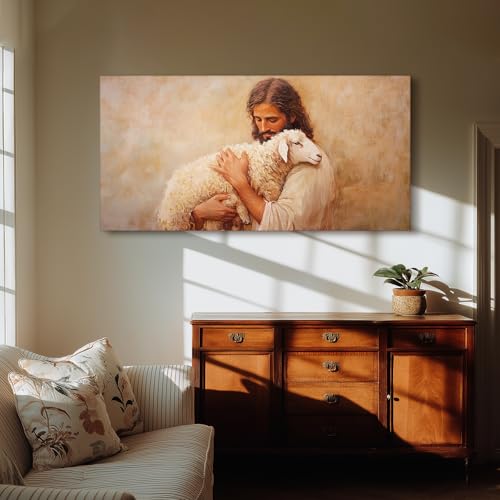 SERIMINO Jesus Christ Wall Art, Christian Lamb of God Extra Large Art Prints, The Lord Is My Shepherd Canvas Painting, Serenity Prayer Pictures Wall Decor Living Room Dining Room Church 30"X60"