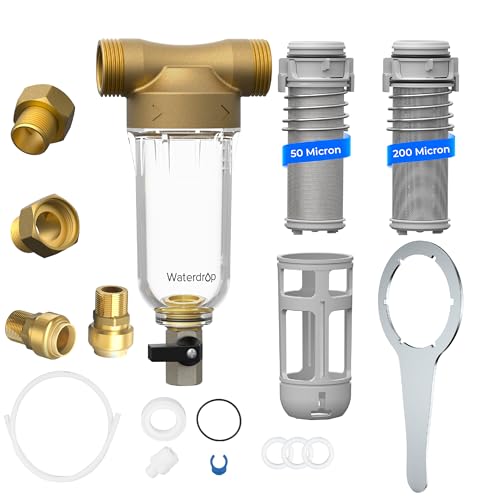 Waterdrop Spin Down Sediment Filter, Backwash Whole House Water Filter System for Well Water, 50 Micron+200 Micron, 1" MNPT + 3/4" FNPT + 3/4" MNPT, Traps Sand, BPA Free 50/200 Micron