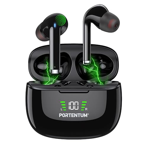 PORTENTUM Auriculares inalambricos Bluetooth 6.0 – Cancelación de Ruido Hybrid ANC + ENC – 60h – Cascos Control táctil Impermeables IPX6 – Pantalla LED – Graves HiFi 10 mm – Ajuste cómodo – USB-C