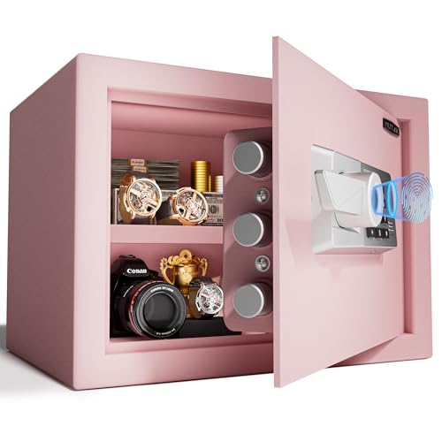 Mutak 1.3 Cub Biometric Safe Box with Fireproof Bag Quick-Access Fingerprint Safe with Keys Digital Keyboard Type-C Port Dual Alarm System Safety Box for Home Office Hotel Use(Pink)