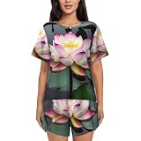 Tejido de mezcla de algodón ultrasuave: hecho de 95% poliéster, 5% elastano (algodón de imitación), este conjunto de pijama para mujer con estampado de flor de loto blanco ofrece una elasticidad excepcional, transpirabilidad y comodidad ligera para noches cálidas y ropa de descanso para todas las estaciones.