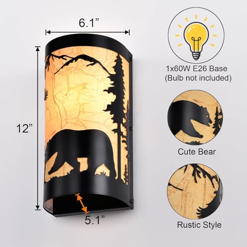 Image of Black Wall Sconces,Bear Metal Yellow Parchment Rustic Wall Sconces,Farmhouse E26 Base Hallway Wall Light Fixtures,Industrial Indoor Wall Lamps for Living Room,Bedroom,Bedside(Hardwired Only)