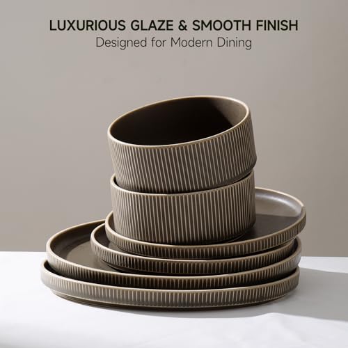Image of Stoneware Dinnerware Sets for 4, 12Pcs Plates and Bowls Set, Matte Green