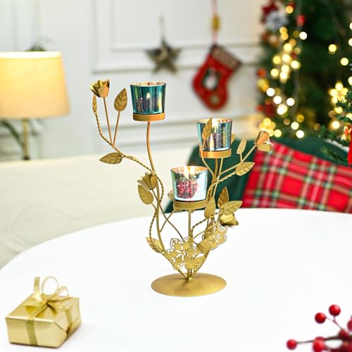 Image of MARKET 99 Metal + Glass 3 Votive T-Light Holder Flower Shape | Golden & Blue Decorative Candle Holder for Christmas, Diwali, Weddings, Parties & Festive Home Decor | Stylish Tealight Stand