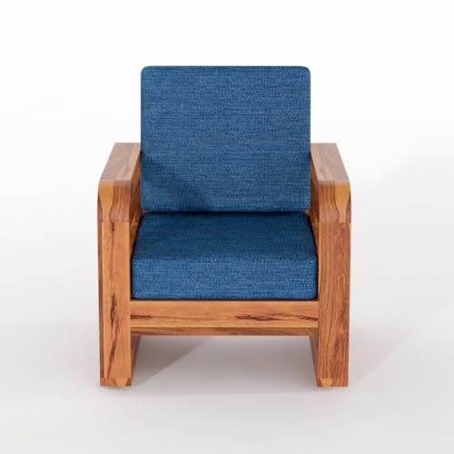 Image of Solid Sheesham Wooden 5 Seater Sofa Set for Living Room | Sofa Set with Side Pocket Storage & Cushion | Rosewood Sofa Set for Home (Honey with Blue Cushion, 5 Seater)
