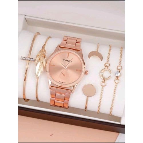 1pc Round Pointer Quartz Watch & 5pcs Bracelet - GOLD
