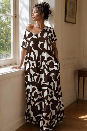 Image of Women Summer V Neck Loose Side Split Maxi Dresses with Pocket