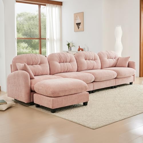 Image of KEIKI 140 inch L-Shaped Oversized Chenille Modular Sectional Sofa with 1 Ottoman, High-Density Foam Cushions, Tufted Pleated Cushion Backrest, Modern 4-Seater Couch with 2 Pillow, for Living Room, Pink