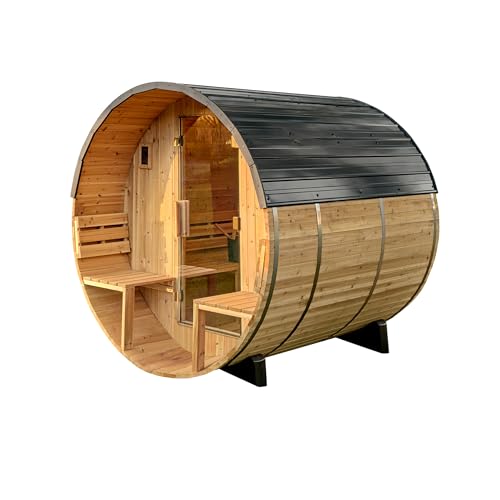 Backyard Discovery Paxton 2-4 Person Traditional Cedar Outdoor Barrel Sauna with Electric Sauna Heater Front Porch Sauna Rocks Dry Heat Steam Sauna LED Lights Wi-Fi Panel Sauna Accessories