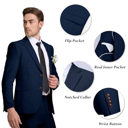 Men's 2 Piece Navy Linen Suits Slim Fit Casual Summer Beach Wedding Dress Tux Prom Suit Blazer Jacket and Pants Navy Blue XL2