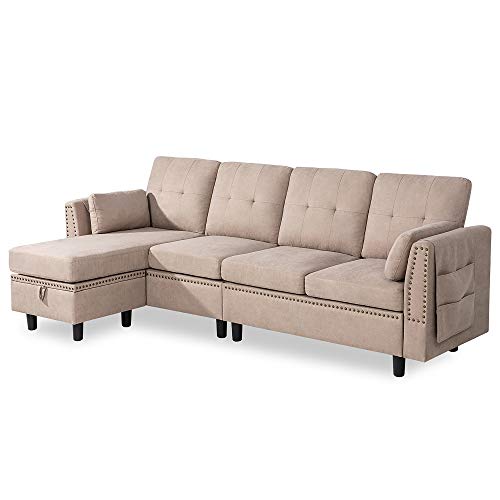 JY QAQA Convertible Sectional Sofa Couch with Reversible Chaise, L-Shaped Couch 4-seat Sofas with Modern Chenille Fabric for Living Room(Dark Khaki) - Thumbnail 5