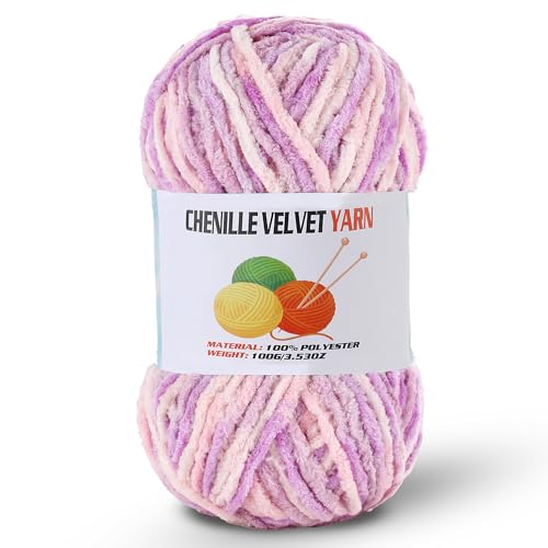 Image of Fluffy Chenille Yarn for Crocheting, Chunky Velvet Yarn for Crochet Amigurumi, Used for Making Baby Yarns Blanket, Clothes, Pattern Knitting Creations (1-Pastel Purple)