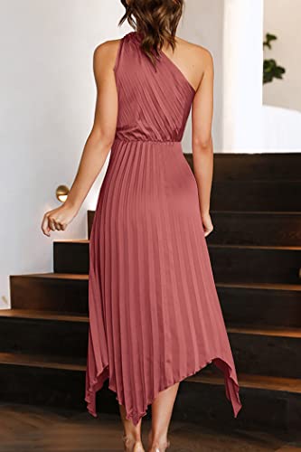 Prettygarden Women's Summer Long Satin Dress One Shoulder Sleeveless Ruched Twist Flowy Maxi Dresses (Bean Paste Pink,Medium) #TOP2