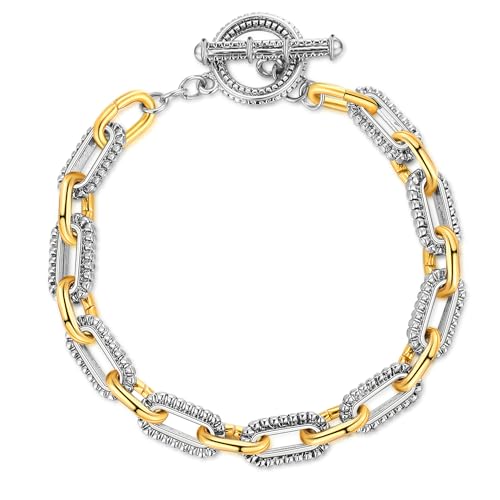 Link Bracelet for Women Gold and Silver 2 tone Circles Chain Wire Bangle Bracelets