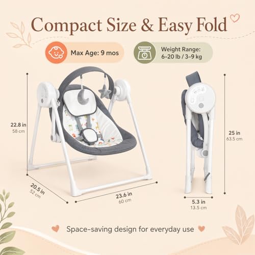 Image of Baby Swing SpaceSaver Ultra-Compact Foldable Infant Swing (Fits in 5.3 inch Gaps!) 6 Speed Modes | Portable Newborn Swing for Travel /Car /Picnic (0-6M, 6-20lbs)