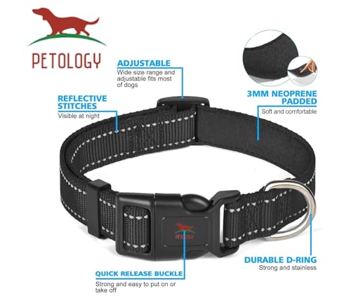 Image of Petology Reflective Adjustable Dog Collar for X-Large Dogs (50-60 cms) | Soft Neoprene Padded Nylon Pet Collar with Safe & Quick Release Buckle | Comfortable, Lightweight & Durable
