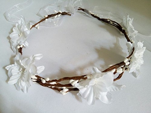 Beautiful Woodland Adjustable Polyester Silk Flower Blossom Fake Berry Rattan Crown Headband Hair Piece Wedding Garland Wreath with Ribbon for Brides Holiday Headwear (White)