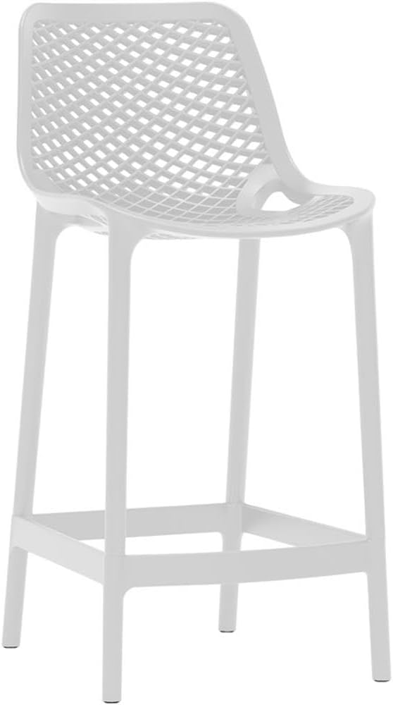 Set of 4 Outdoor Bar Stools, 17.32" Seat Width, White Polypropylene Plastic, Weather Resistant, Stackable, Contemporary Design for Patio or Indoor Seating