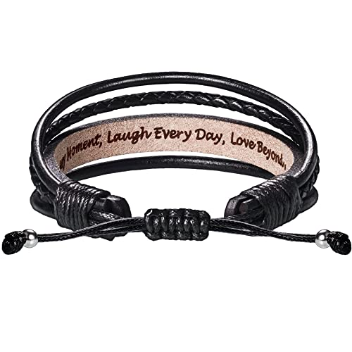 Leather Bracelets for Men Women Inspirational Gifts for Him Her Handmade Black Braided Motivational Birthday Gift for Boyfriend Husband Dad Anniversary Christmas Mens Stocking Stuffers