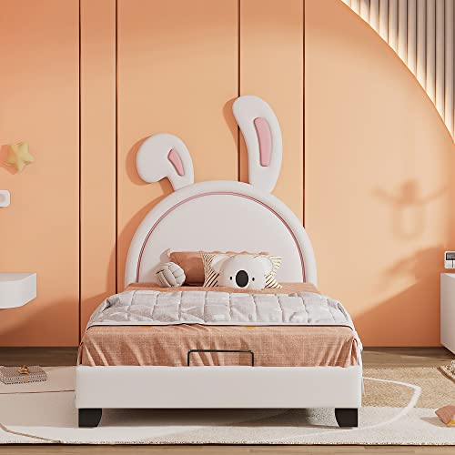 Cama infantil con orejas de conejo de 90 x 200 cm, cama tapizada con somieres y respaldo, cama para niña en blanco o rosa (colchón no incluido)