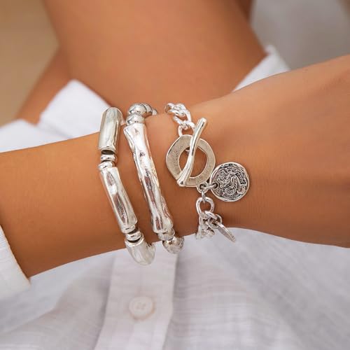 3Pcs Silver Stacked Beaded Bracelets Set Trendy Stretch Elastic Round Beaded Ball Tube Chunky Link Bracelets Layered OT Clasp Cuban Chain Bracelets Dainty Jewelry for Women2