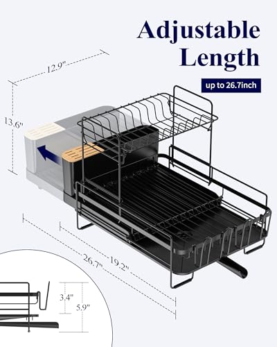 Image of Kitsure Extendable Dish Drying Rack, 19.2 inch-26.7 inch L x 12.9 inch W, 2-Tier | Large Dish Rack, Multifunctional Dish Rack for Kitchen Counter, Anti-Rust Dish Drainers with Cutlery & Cup Holders, Black