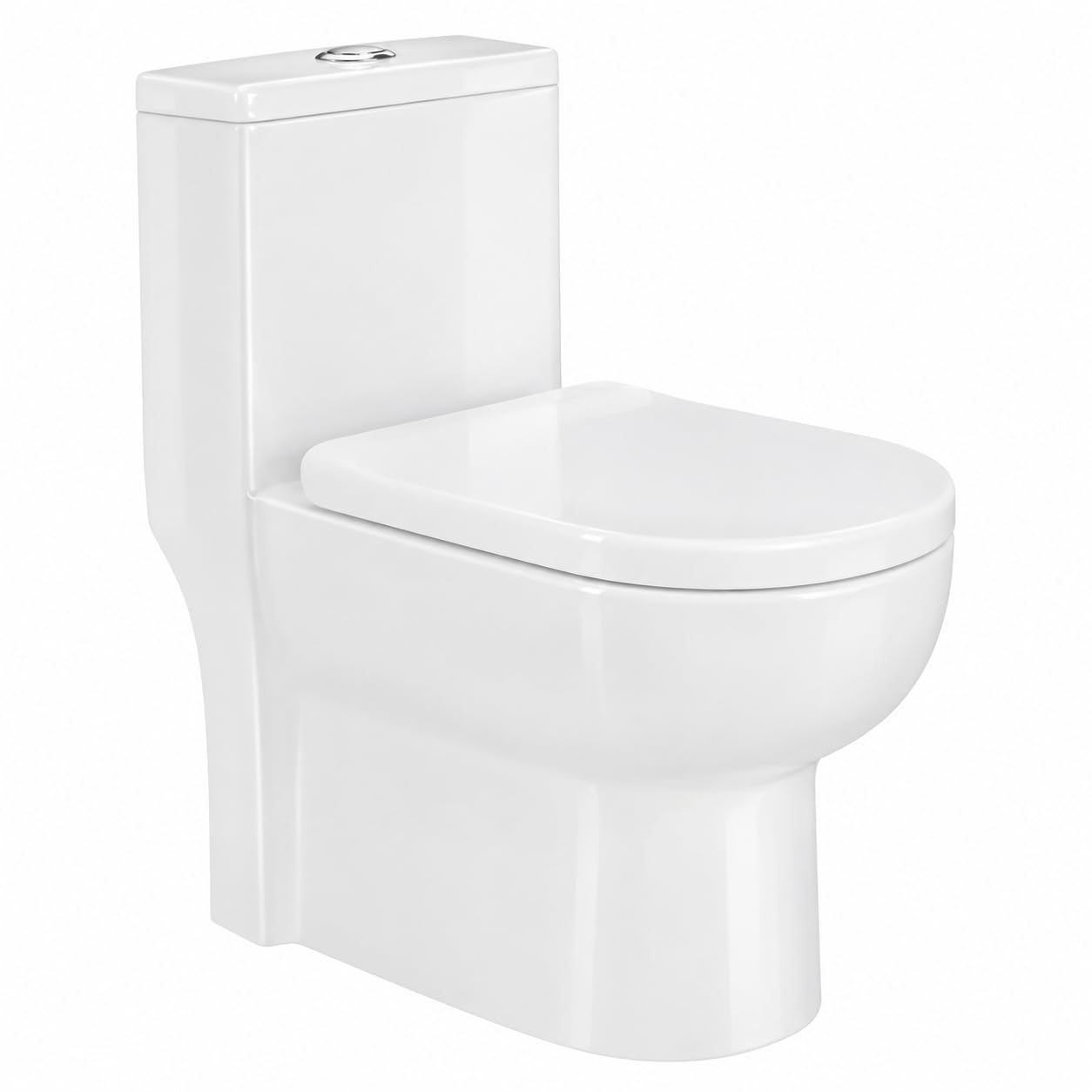 one-piece ceramic toilet with soft-close seat, white | dual flush button, soft-close seat included, glossy finish, modern square tank, floor-mounted
