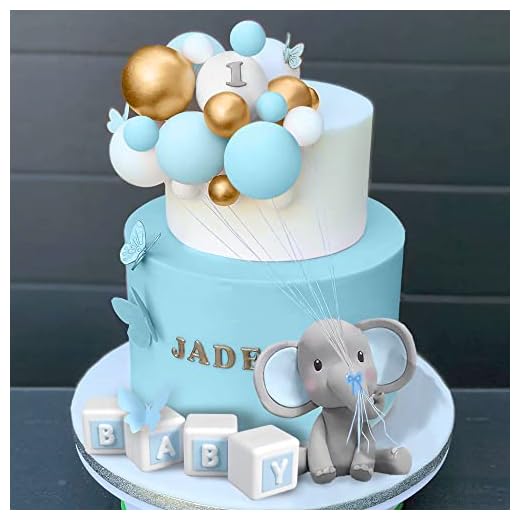 Elephant Cake Decoration Mini Elephant Cake Topper Blue BABY Letter Cake Toppers Gold Blue White Pearl Ball for Baby Shower Boy Elephant Theme Birthday Party Supplies (BLUE)
