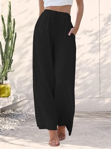 Womens Cotton Linen Palazzo Pants Drawstring Elastic Waist Wide Leg Trousers with Pockets Casual Lounge Pants