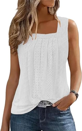AIMITAG Hollow Out Ruffled Square Collar Tank Top Womens Pleated Eyelet Tank Summer Casual Loose Sleeveless Tee Shirt Tunic Tops(Small,White1)