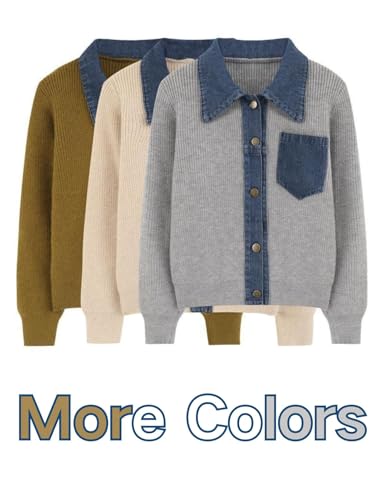 happlan Women's Knitted Long Sleeve Denim Patchwork Cardigan Sweater Jacket Top 6