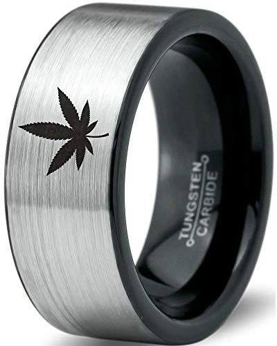 Zealot Jewelry Tungsten Marijuana Weed Cannabis Leaf Band Ring 8mm Men Women Comfort Fit Brushed Gray Flat Cut Black Polished Size 8