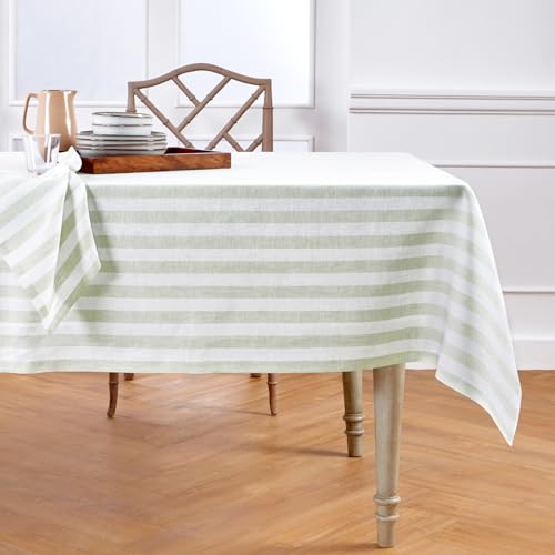 Solino Home 100% Pure Linen Tablecloth, 60 x 108 in, Sage and White Striped