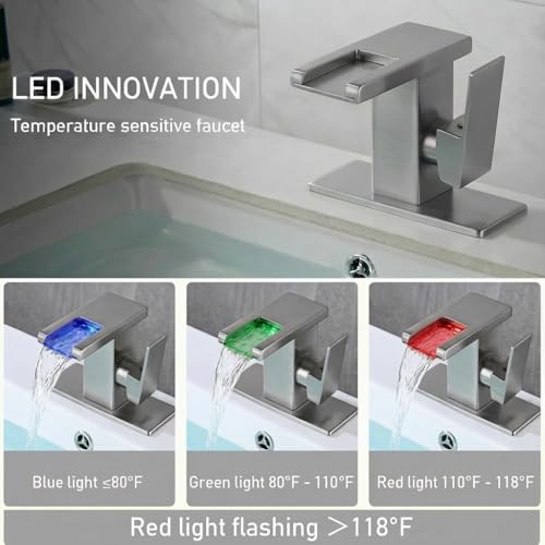 Image of AVSIILE LED Bathroom Sink Faucet, Brushed Nickel, Waterfall, Side Handle