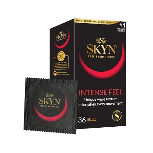 SKYN Intense Feel Condoms Pack of 36 Skynfeel Latex Free Condoms for Men Regular Size Thin Ribbed and Dotted Straight Shape 53mm Wide