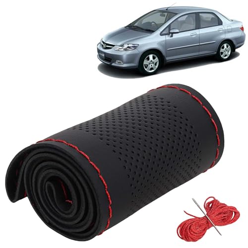 Image of KINGSWAY PU Leatherite Car Steering Cover Sewable Compatible with Honda City (Year 2003-2008), Black Color with Red Thread, Pack of 1 with Sewing Needle and Thread