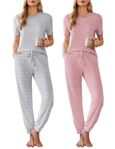 Image of Ekouaer Pajamas for Women Set 2 Pack Lounge Set Short Sleeve Pjs Joggers Long Pants Loungepwear with Pockets