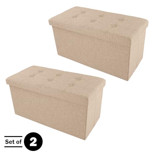 Image of Lavish Home Folding Storage Ottoman - Set of 2 30-Inch Tufted Footrest, Linen Chest, or Bench with Removable Bin for Living Room, Bedroom, or Dorm (Beige)