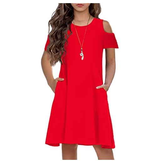 Arshiner Girls Short Sleeve Ruffle Cold Shoulder Round Neck Casual Dresses Red for 11-12 Years