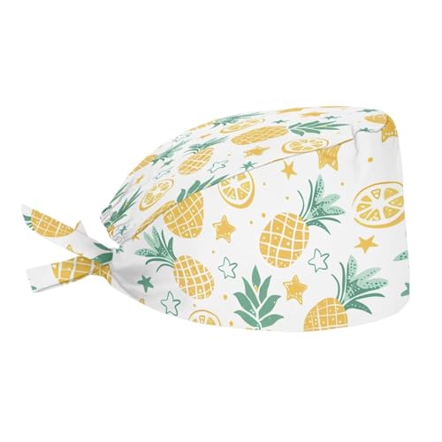 Biyejit Pineapples Lemon Working Cap with Straps, Unisex Bouffant Working Hat with Adjustable Sweatband
