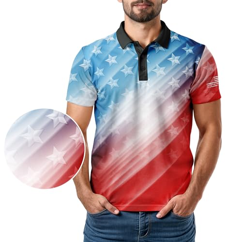 Image of Patriotic USA Golf Polo Shirt - Men's Performance Short Sleeve Moisture Quick Dry Fit Athletic Veteran UPF Stretch Casual Fun