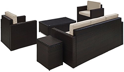 Crosley Furniture Ko70054Br-Sa Palm Harbor Outdoor Wicker 5-Piece Seating Set (Sofa, 2 Arm Chairs, And Glass Top Table), Brown With Sand Cushions #TOP2