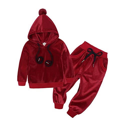 Baby Boys Girls Velvet Hooded Tracksuit Sweatshirt Tops + Casual Sweatpants Hoodie Outfit Set with Kangaroo Pocket (Wine, 7-8 Years)