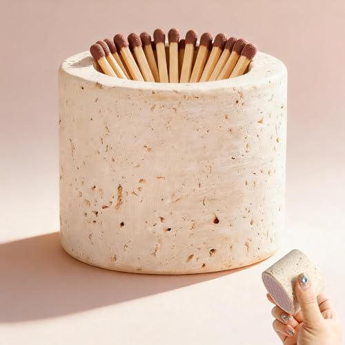 1 Match Holder with 3 Strikers, 2.56x1.97in Travertine Stone Decorative