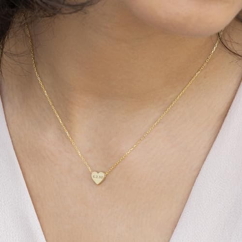 Personalized Engraved Heart Necklace, 925 Solid Sterling Silver, Memorable Date Pendant, Heart-Shaped Initial Jewelry, Date Engraved Heart Keepsake, 14K Gold-Plated, Customizable Gift for Women4