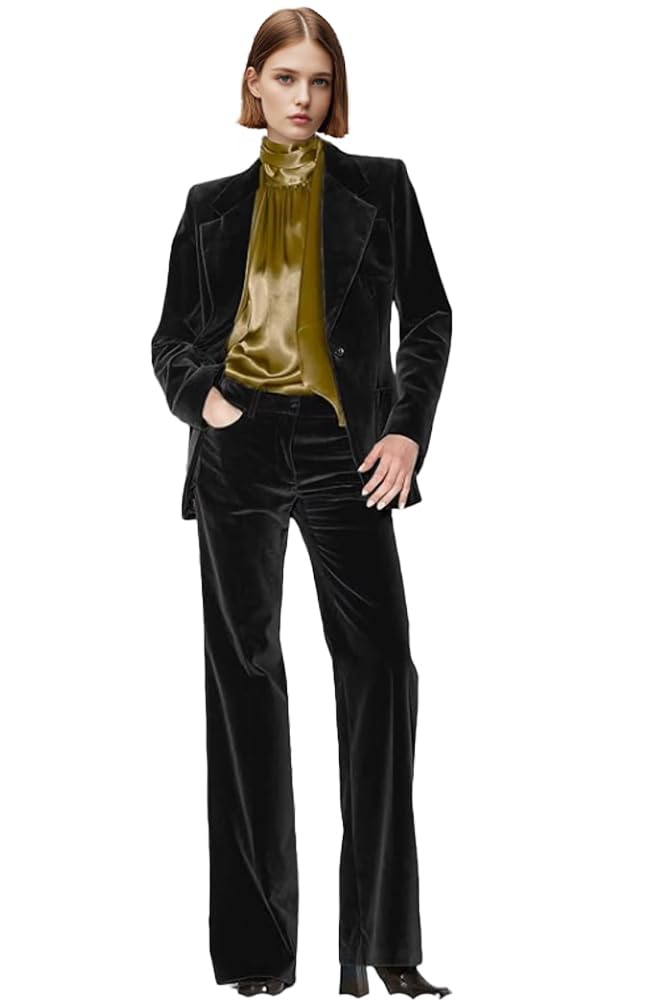 2 PC Velvet Suit for Women Single Breasted Pants Suit Notch Lapel Formal Suit Womens Business Suits