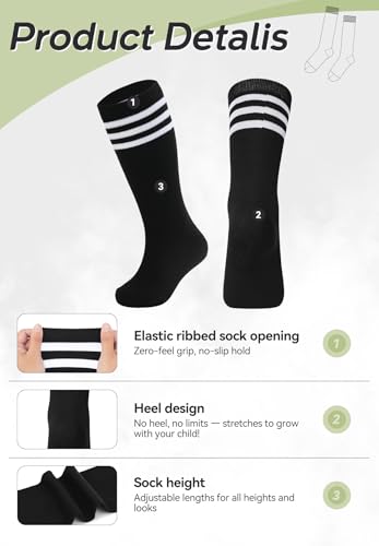 Image of Zando Kids Child Cotton Three Stripes Sport Soccer Team Socks Uniform Tube Cute Knee High Stocking for Boys Girls 1 Pairs Black White One Size