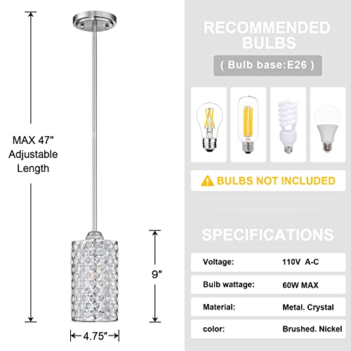 1 Light Hanging Kitchen Island Crystal Pendant Lighting Modern Concise Pendant Light Fixture Brushed Nickel Finish With Crystal Plate Metal Shade For Bar, Dining Room, Corridor,Living Room #TOP3